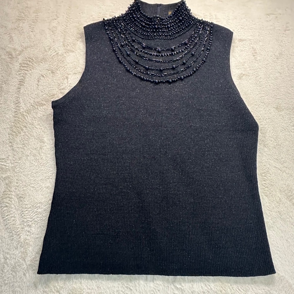 Grace Elements Black Lurex Beaded Mock Neck Silk Blend Sleeveless Top Large